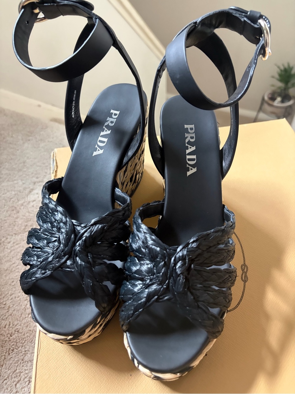 Prada Black Braided Leather & Woven Raffia Platform Wedge Sandals - Picture 9 of 12